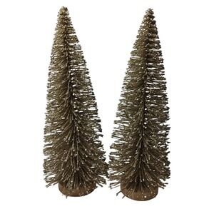 Gold Glitter Bottle Brush Trees with Wood Bases Ten Inches Christmas Set‎ of Two